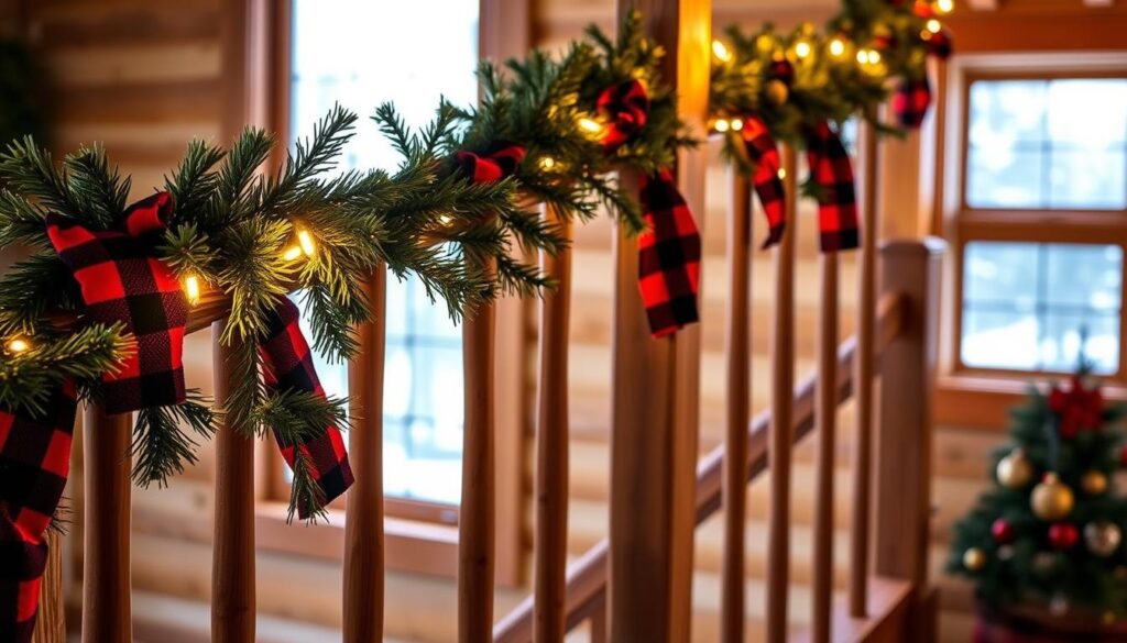 A rustic buffalo plaid garland draped elegantly over a wooden staircase banister, with warm, soft lighting casting a cozy glow. The garland is made of natural pine branches intertwined with a classic red and black buffalo plaid fabric, its texture and pattern adding warmth and character to the scene. In the foreground, the garland flows gracefully, its ends cascading down the stairs, while the background features a picturesque winter landscape through a frosty window, enhancing the cabin-like ambiance. The composition captures the essence of a cozy, inviting space, perfect for a festive, rustic Christmas celebration.