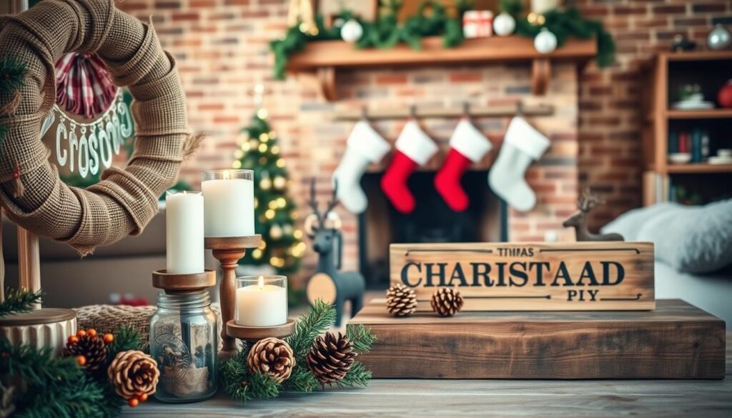 A rustic farmhouse Christmas scene with a warm, cozy atmosphere. In the foreground, a collection of handmade DIY Christmas decorations - a burlap wreath, mason jar candle holders, and a wooden sign with a seasonal message. In the middle ground, a reclaimed wood coffee table displays more homemade crafts like pinecone garlands and a wooden reindeer figurine. The background features a brick fireplace with a mantel adorned with greenery, stockings, and vintage-inspired ornaments. Soft, natural lighting casts a gentle glow, creating an inviting and charming ambiance. The overall style is a harmonious blend of rustic, country, and homespun elements.