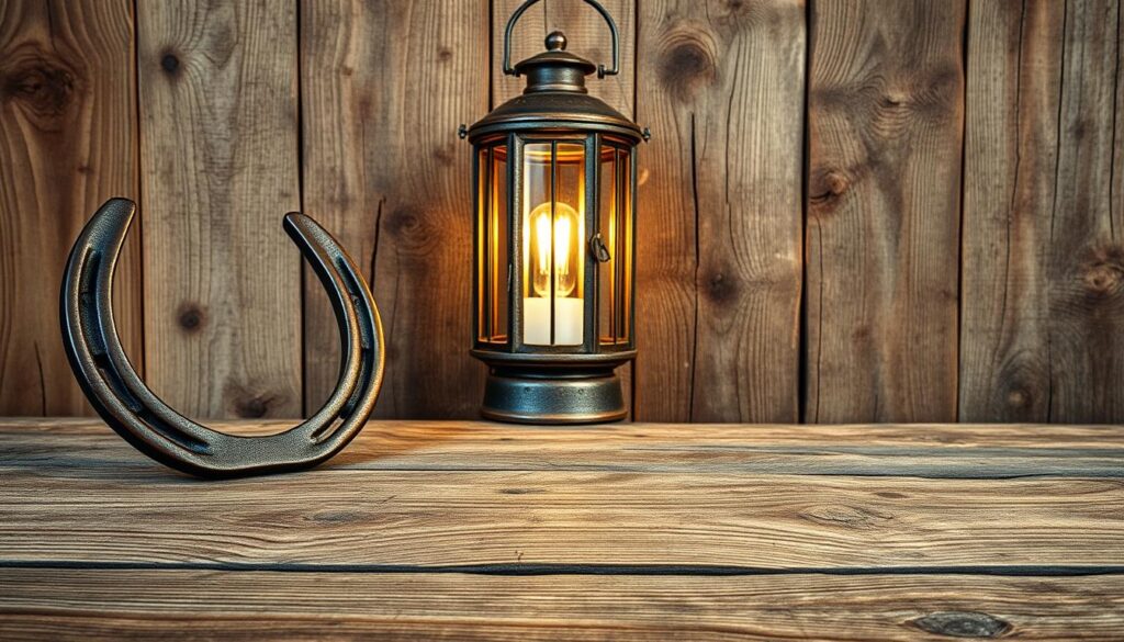 A rustic, farmhouse-inspired scene showcasing an array of textured surfaces. In the foreground, a weathered wooden plank with intricate grain patterns sits alongside a rugged metal horseshoe, both bearing the marks of time. In the middle ground, a vintage-inspired lantern casts a warm, golden glow, its aged metal frame complementing the natural wood tones. The background features a patchwork of distressed wood panels, each with its own unique knots, cracks, and time-worn character, creating a visually compelling backdrop. The overall mood is one of cozy, countryside charm, where the interplay of organic and industrial elements evokes a sense of timeless elegance.