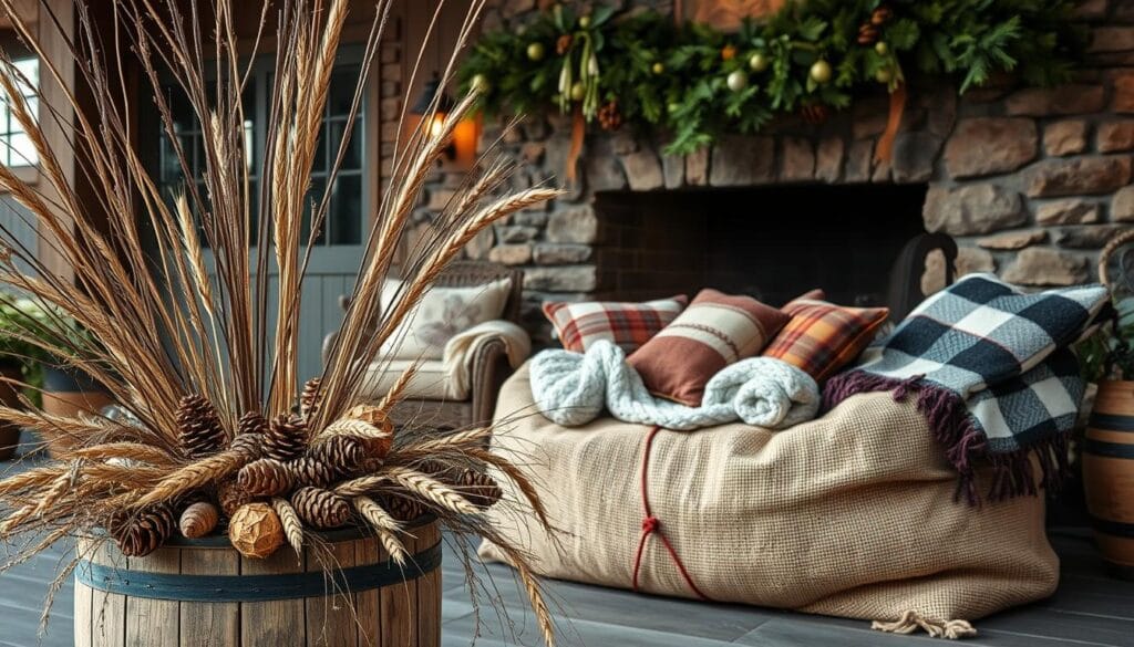 A rustic farmhouse patio adorned with a curated collection of natural elements. In the foreground, a bountiful arrangement of dried wheat stalks, pinecones, and gnarled branches cascade from a weathered wooden planter. In the middle ground, a large burlap sack overflows with cozy knit blankets and plaid pillows, inviting relaxation. The background features a stone fireplace mantled with a garland of fresh evergreens, pine boughs, and delicate sprigs of mistletoe. Soft, warm lighting casts a gentle glow over the scene, creating a cozy, inviting atmosphere. The overall aesthetic evokes a sense of rural charm and seasonal wonder.