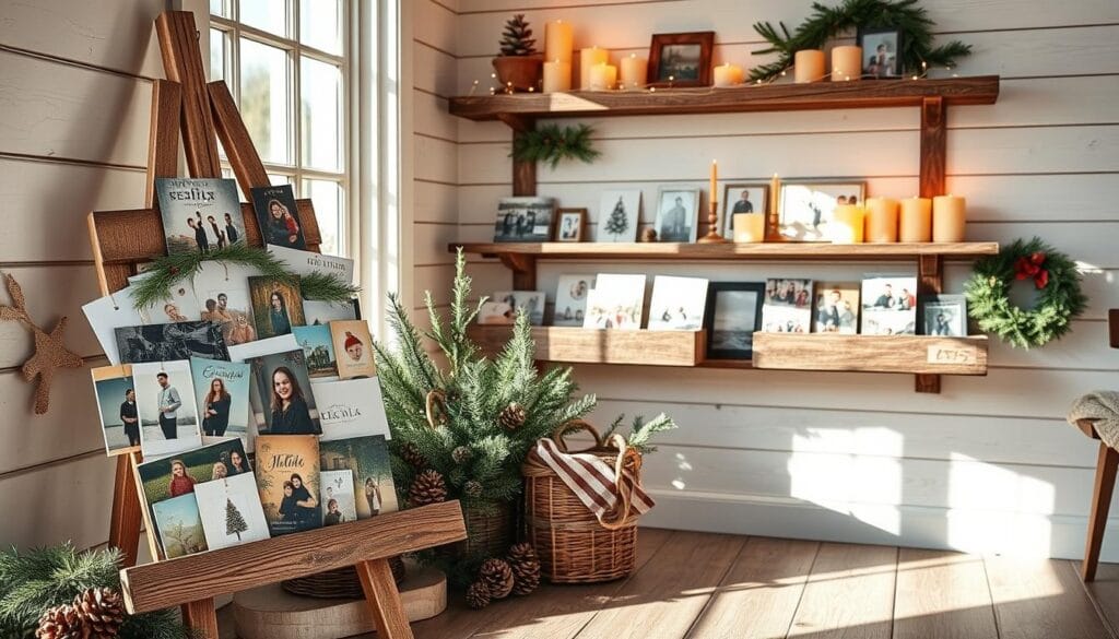 A rustic farmhouse-style card display nestled in a cozy, well-lit interior. In the foreground, an old wooden easel holds an assortment of Christmas cards, their edges weathered and worn. Surrounding it, a collection of vintage-inspired photo frames, pinecones, and sprigs of fresh greenery create a charming, layered composition. In the middle ground, a reclaimed wood shelf displays more holiday cards, interspersed with warm-toned candles and a cluster of fairy lights, casting a soft, ambient glow. The background features whitewashed shiplap walls, adding to the inviting, country-chic atmosphere. Sunlight filters in through a large window, casting natural shadows and highlights across the scene, accentuating the rustic textures and warm tones.
