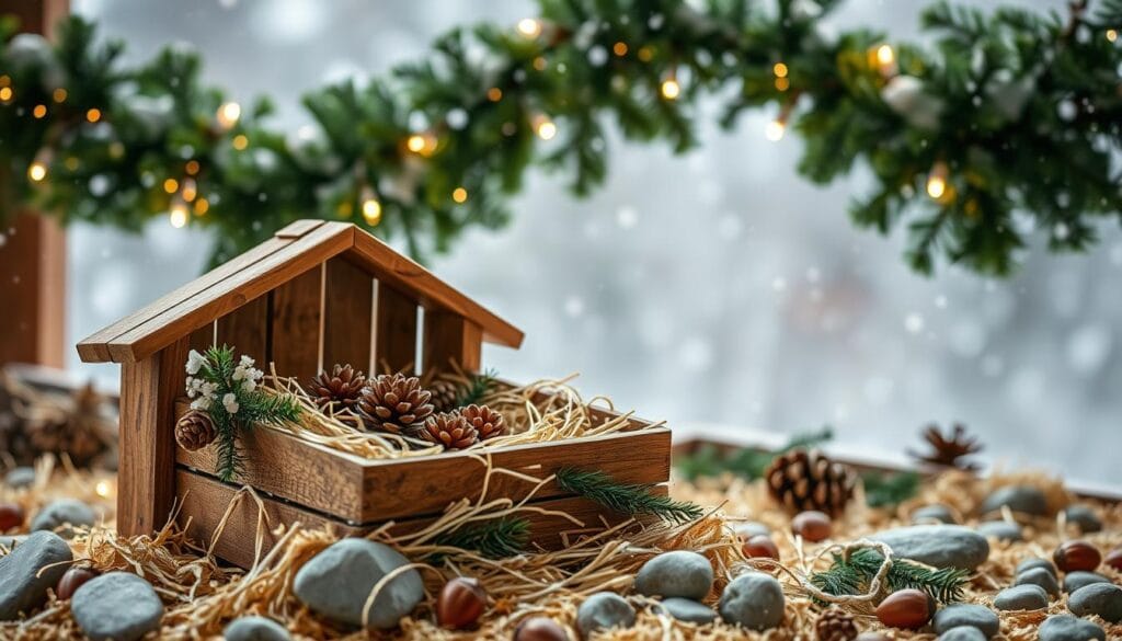 A rustic nativity scene with a soft, natural glow. In the foreground, a wooden manger filled with straw and adorned with pine sprigs, pinecones, and delicate baby's breath. Surrounding the manger, a scattering of smooth river rocks and glistening acorns. In the middle ground, a lush garland of evergreen branches, intertwined with twinkling fairy lights, creating a warm, ambient atmosphere. In the background, a gentle snowfall dances in the air, adding a sense of tranquility. The entire scene is bathed in a flattering, diffused light, creating a serene, enchanting mood.