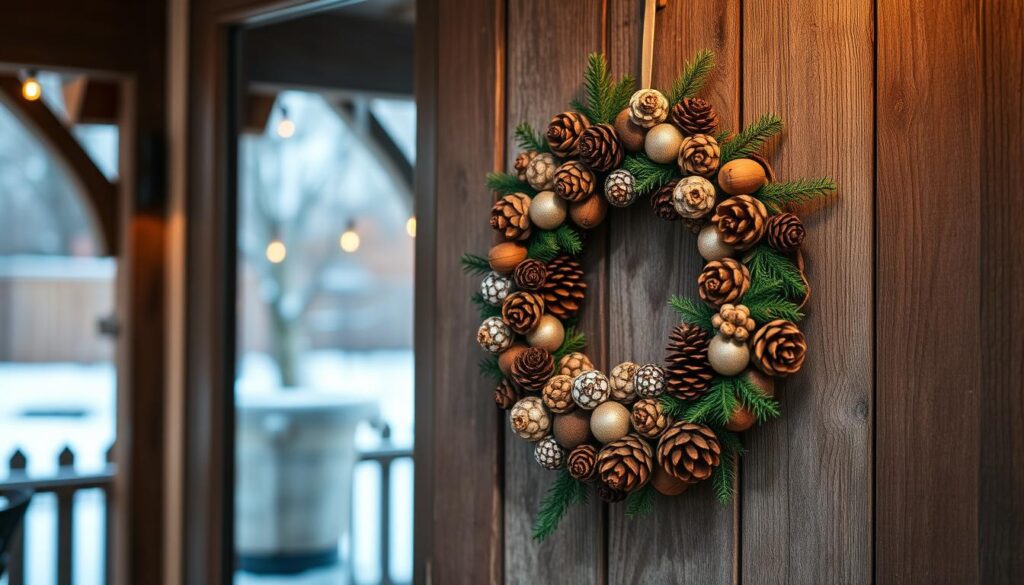 A rustic pine cone wreath hanging on a weathered wooden door, illuminated by warm, soft lighting. The wreath is meticulously crafted, featuring an assortment of natural pine cones in varying sizes and shades, interspersed with sprigs of fresh evergreen foliage. The door is set against a backdrop of a cozy, inviting backyard, with a glimpse of a snowy landscape beyond. The overall scene exudes a sense of charming, homespun holiday cheer, perfectly capturing the essence of small-scale Christmas decor in a backyard setting.
