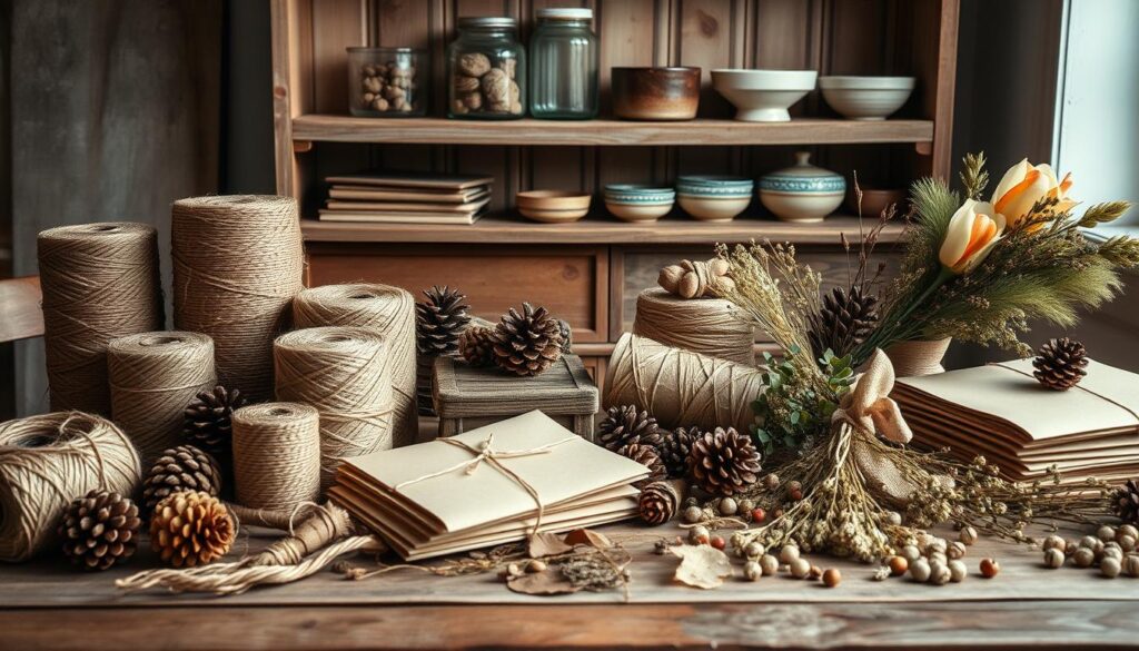 A rustic table overflowing with budget-friendly holiday crafting supplies: spools of natural twine, stacks of kraft paper, bundles of pinecones, and a scattering of dried flowers. Warm, diffused lighting casts a cozy glow, highlighting the organic textures and earthy tones. In the background, a simple wooden shelf displays a collection of weathered glass jars and ceramic bowls, complementing the overall farmhouse aesthetic. The scene exudes a sense of simplicity and homespun charm, inviting the viewer to explore the possibilities of DIY holiday decor.