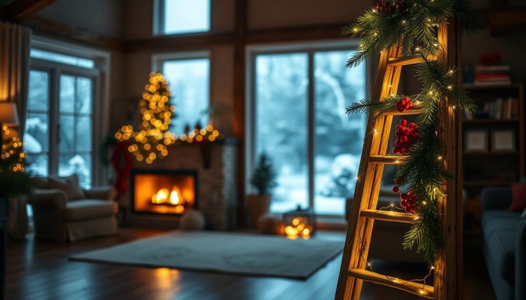 A rustic, wooden DIY decorative ladder stands prominently in the foreground, adorned with twinkling string lights, lush evergreen garlands, and vibrant red berries. The ladder is positioned in a cozy, dimly lit living room, with a warm fireplace casting a soft glow in the middle ground. In the background, a large window offers a view of a snowy winter landscape, adding to the festive, homely atmosphere. The lighting is a combination of natural daylight filtering through the window and the soft, inviting glow of the fireplace and string lights on the ladder. The camera angle is slightly elevated, capturing the ladder in all its decorative glory, highlighting the intricate details and creating a sense of holiday cheer and homespun charm.
