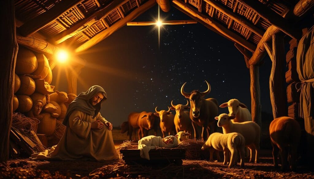 A sacred stable in soft, golden light, its thatched roof and weathered beams casting a warm glow. In the foreground, the holy family - the newborn Christ child, swaddled in white linen, resting in a simple wooden manger, flanked by the reverent figures of Mary and Joseph. In the middle ground, gentle animals - a donkey, an ox, a lamb - gathered in quiet adoration. The background reveals a star-filled night sky, a heavenly radiance illuminating the humble scene. Soft shadows and highlights create a serene, contemplative atmosphere, inviting the viewer to step into this timeless moment of divine wonder and holy tradition.