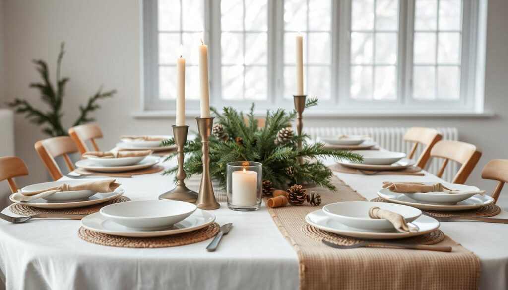 A serene Scandinavian-inspired table setting with a neutral color palette and natural textures. The table is adorned with a crisp white linen tablecloth, complemented by a runner woven from natural fibers. Delicate porcelain plates, wooden cutlery, and tarnished silver candlesticks create a rustic yet refined ambiance. The centerpiece features a simple arrangement of fresh evergreen sprigs, pine cones, and votive candles, casting a warm, cozy glow across the scene. Soft natural light filters through large windows, highlighting the clean lines and minimalist design. The overall atmosphere evokes a sense of hygge, inviting guests to linger and savor the holiday gathering.