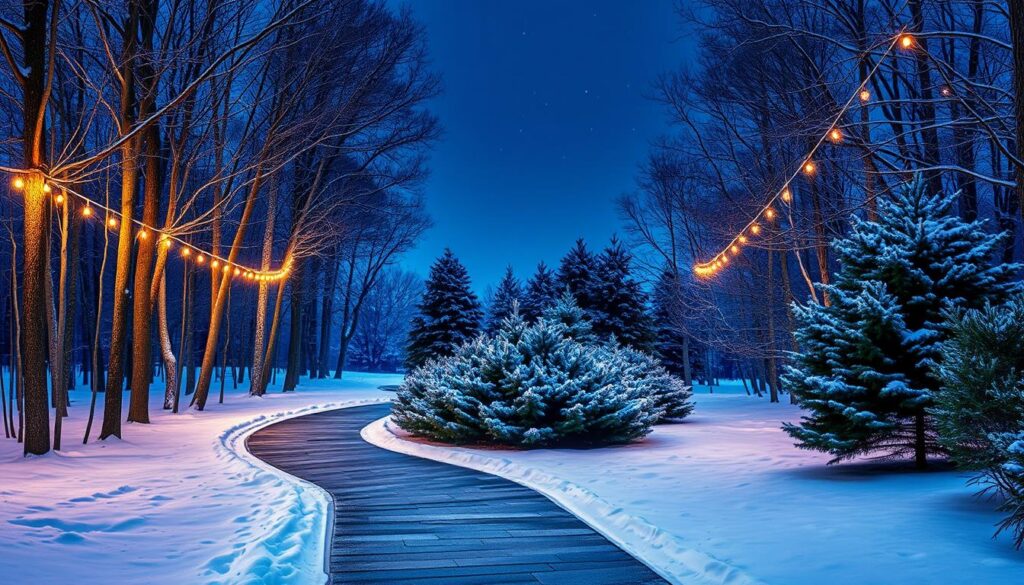 A serene, snow-covered winter pathway illuminated by a soft, warm glow from strategically placed string lights. The path winds through a picturesque forest, with tall, bare trees lining the sides, their branches delicately frosted. In the foreground, the pathway is made of natural stone, gently curving and inviting visitors to stroll along. The middle ground features lush evergreen bushes and shrubs, their leaves glistening with a light dusting of snow. The background is a tranquil, inky blue sky, punctuated by twinkling stars. The overall scene evokes a sense of enchantment and holiday magic, perfect for inspiring ideas to brighten up outdoor spaces during the winter season.