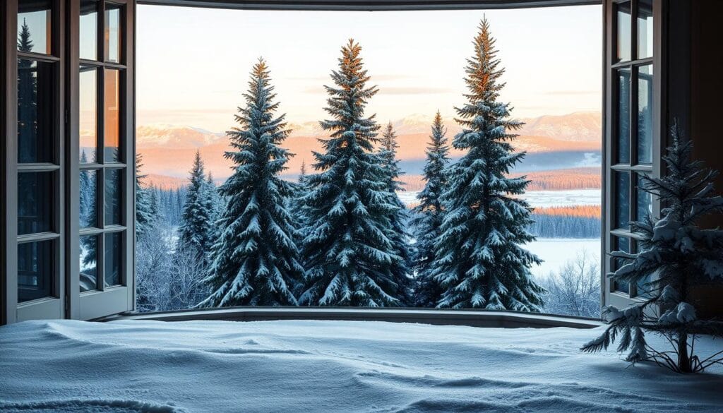 A serene winter landscape bathed in natural light, with a picturesque bay window framing the scene. In the foreground, a pristine blanket of snow covers the ground, sparkling like diamonds under the soft, diffused illumination. Towering evergreen trees stand tall in the middle ground, their branches weighted down with delicate snow flurries. In the background, a distant mountainous horizon glows with the warm hues of the setting sun, casting a dreamlike ambiance over the entire tableau. The bay window, with its intricate architectural details, creates a seamless transition between the indoor and outdoor environments, inviting the viewer to step into this magical, wintry oasis.