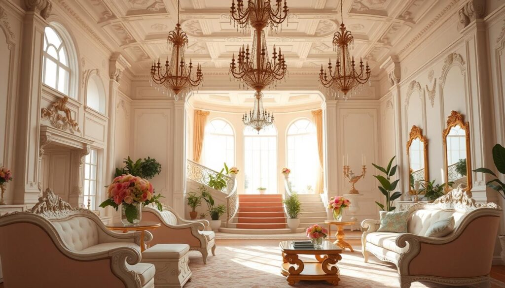 A spacious and airy modern rococo interior, bathed in warm, natural lighting from large windows. The foreground features ornate, curlicued furniture in pastel shades of pink, mint, and ivory, topped with delicate floral arrangements. The middle ground showcases intricate moldings, gilded accents, and a grand, sweeping staircase. In the background, high ceilings and ornamental chandeliers create a sense of grandeur, while potted plants and soft textiles add a cozy, lived-in feel. The overall atmosphere is one of whimsical elegance, blending traditional rococo style with a contemporary, open-concept layout.