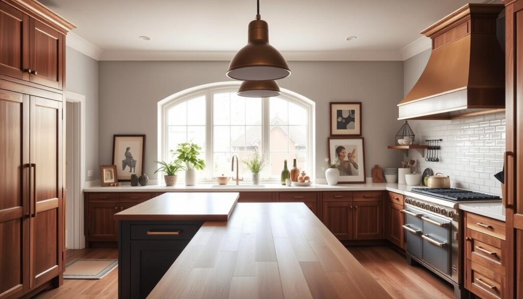 A spacious, well-lit vintage modern kitchen, featuring a blend of classic and contemporary design elements. In the foreground, a sleek, minimalist kitchen island with a butcher block countertop and modern pendant lighting overhead. Surrounding the island, a mix of solid wood cabinetry with brushed brass hardware and crisp, white subway tile backsplash. In the middle ground, a large, arched window floods the space with natural light, casting a warm glow on the muted color palette. In the background, a vintage-inspired range cooker and matching hood, complemented by a collection of framed art and potted greenery, creating a harmonious, timeless atmosphere.