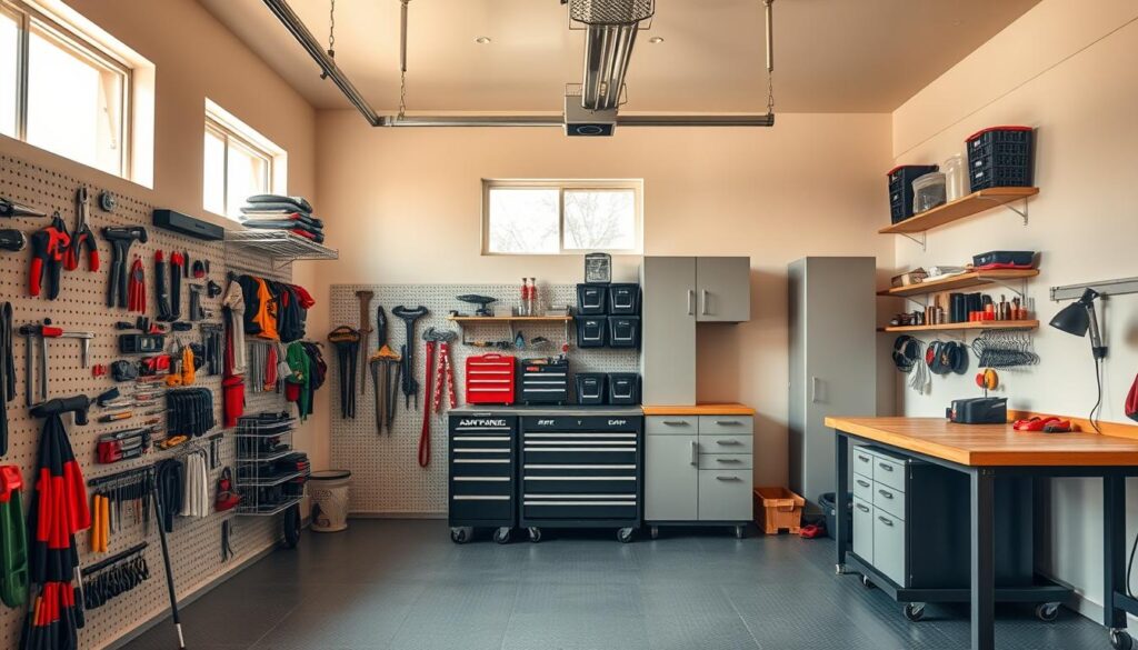 A spacious, well-organized garage interior with distinct zones for storage, tools, and workspace. Abundant natural light streams in through large windows, casting a warm glow over the neatly arranged shelves, cabinets, and workbench. In the foreground, a pegboard system displays an orderly array of tools and hardware. The middle ground features modular storage units, meticulously labeled bins, and a rolling tool chest. In the background, a designated workstation with a sturdy workbench and task lighting, ready for DIY projects. The overall atmosphere is one of efficiency, productivity, and a sense of control over the home's outdoor and utility spaces.