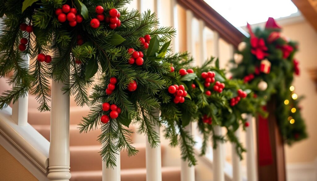 A staircase adorned with a lush, cascading garland of pine, holly, and festive red berries. The garland wraps gracefully around the banister, its branches gently swaying in the soft, warm lighting. The scene is captured from a low angle, emphasizing the grandeur and elegance of the staircase. The background is softly blurred, allowing the garland to take center stage, its vibrant colors and textures drawing the viewer's eye. The overall atmosphere is one of cozy, holiday cheer, inviting the viewer to imagine the joyous celebrations that might take place in this charming, well-decorated space.