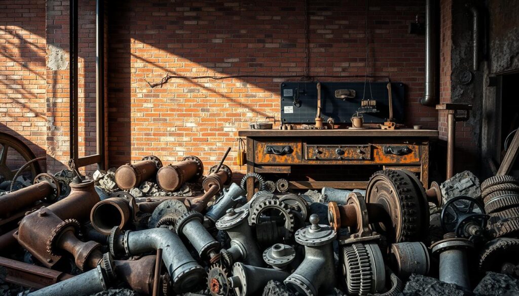 A striking industrial scene with raw, weathered elements. In the foreground, rusted metal pipes, gears, and levers lay scattered among concrete debris. The middle ground features an old, distressed workbench adorned with tools and mechanical parts. Soft, directional lighting casts dramatic shadows, highlighting the textural details. In the background, a towering brick wall, its mortar crumbling, sets the stage for this gritty, utilitarian tableau. The overall atmosphere evokes a sense of history, functionality, and the beauty in imperfection.