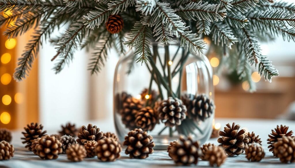 A stunning arrangement of frosted pine branches gracefully draping over a clear glass vase, accentuated by the warm glow of a soft, diffused light. In the foreground, delicate pinecones in various shades of brown and gold are carefully scattered, creating a natural and elegant display. The middle ground features the focal point - the glass vessel filled with the glistening, icy branches, casting captivating reflections. The background is gently blurred, allowing the natural elements to take center stage and evoke a sense of tranquility and holiday charm. The overall composition conveys a harmonious, minimalist aesthetic that would beautifully complement a Christmas or winter-themed decor.