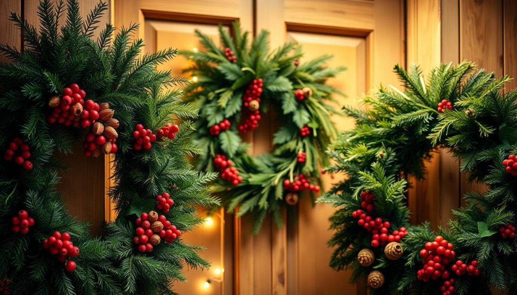 A stunning arrangement of natural holiday wreaths, crafted with an abundance of lush greenery, vibrant berries, and delicate pinecones. The wreaths are hung against a backdrop of warm, cozy lighting, casting a soft, inviting glow. The scene is captured in a classic, symmetrical composition, with the wreaths taking center stage, framed by a rustic wooden door or entryway. The overall mood is one of serene, understated elegance, perfectly complementing the "Incorporating Natural Elements: Greenery, Wreaths, and More" theme.