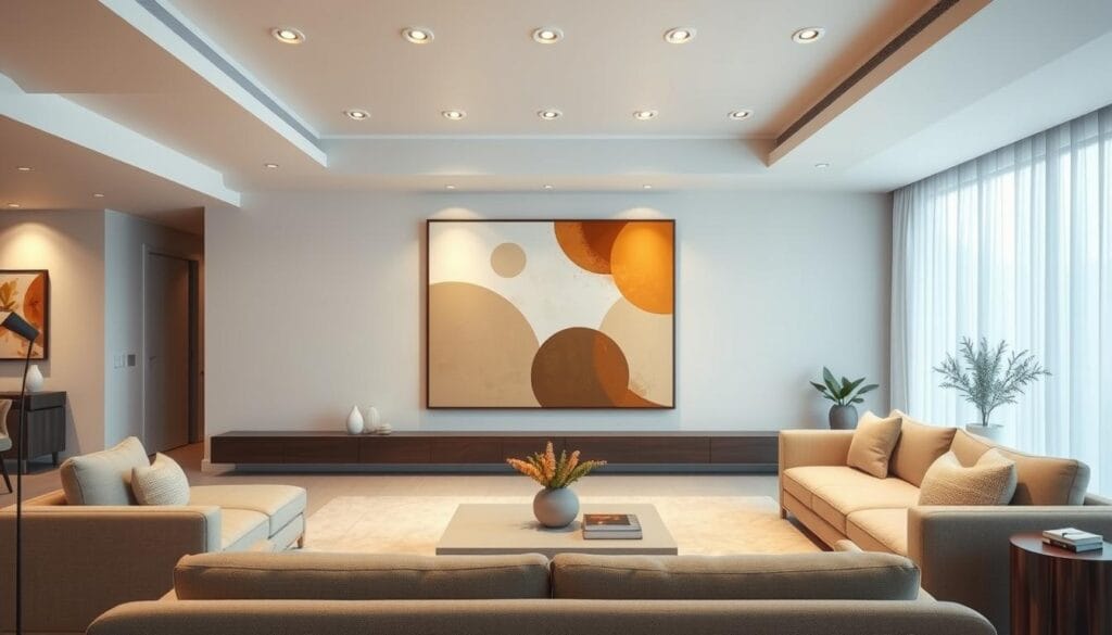 A stunning, high-resolution photograph of a modern, minimalist living room with a large, central artwork as the focal point. The artwork features bold, abstract shapes in a harmonious color palette of warm neutrals and muted tones. Soft, diffused lighting from recessed ceiling fixtures casts a gentle glow, highlighting the textures and details of the artwork. The room is spacious and airy, with clean lines and a neutral color scheme that allows the artwork to take center stage. The composition places the artwork in the middle ground, framed by the architecture of the room in the background and accented by carefully selected decor pieces in the foreground, creating a visually balanced and cohesive scene.