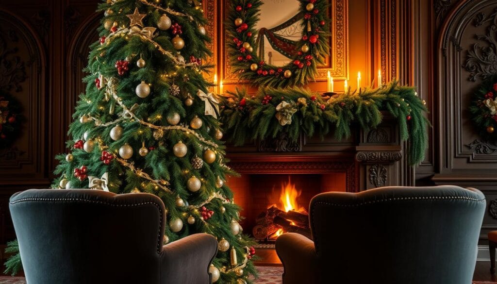 A stunningly elegant holiday tree backdrop, with a lush, verdant garland cascading gracefully down a grand, ornate fireplace mantel. Soft, warm lighting from flickering candles and a roaring fire cast a cozy, inviting glow, while delicate glass ornaments and twinkling fairy lights adorn the towering tree, its branches heavy with the weight of tradition. In the foreground, plush, jewel-toned velvet armchairs beckon, inviting guests to sink into their comfortable embrace and soak in the classic, timeless ambiance. The overall scene exudes a sense of refined, holiday elegance, creating the perfect setting to celebrate the season in style.