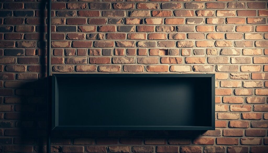 A stunningly industrial scene, featuring a weathered brick wall with exposed mortar joints and a striking metal accent. Warm, directional lighting casts dramatic shadows, accentuating the textural details. In the foreground, a sleek, matte-black metal shelf or frame stands out against the rustic brick backdrop, creating a captivating contrast. The overall atmosphere evokes a sense of rugged elegance, perfectly suited for a modern industrial-inspired space.