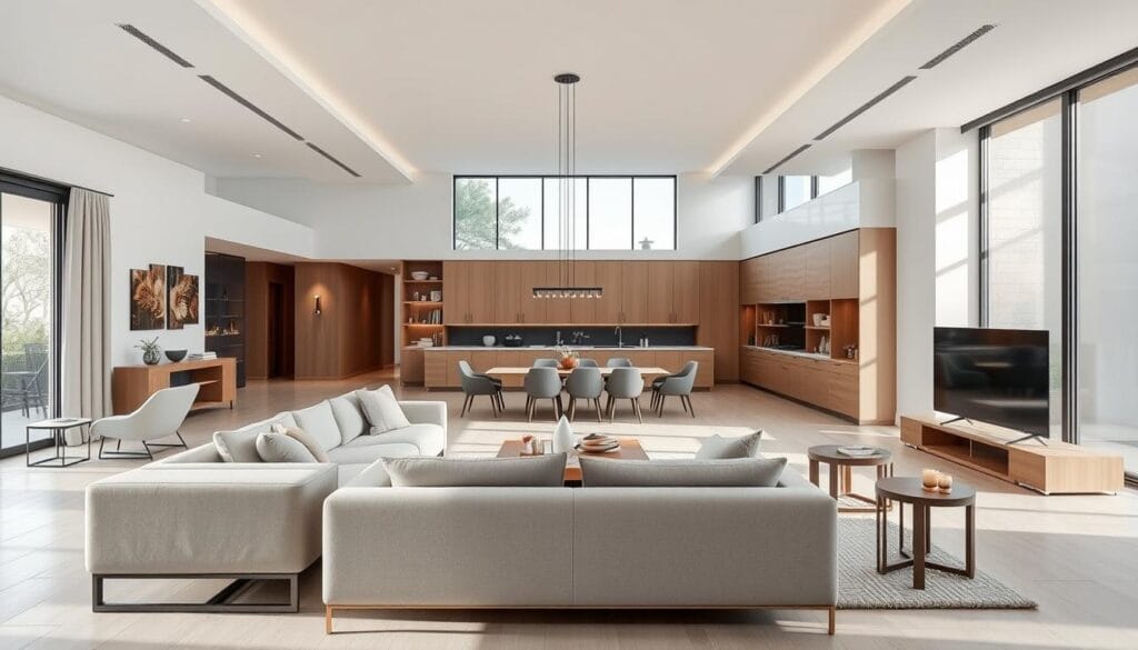 A stylishly designed open-concept living room with clean lines, ample natural lighting, and thoughtfully arranged furniture to maximize functionality and space. In the foreground, a modern L-shaped sofa creates a cozy seating area, complemented by minimalist armchairs and a low coffee table. The middle ground features a large, unobstructed floor plan, with a dining table and chairs positioned near a floor-to-ceiling window, inviting the outdoors in. Recessed lighting and sleek pendant fixtures illuminate the space, while a neutral color palette and natural materials, such as wood and stone, create a serene and inviting ambiance. The background showcases seamless integration of storage solutions, including built-in shelves and cabinets, ensuring a clutter-free and organized layout.