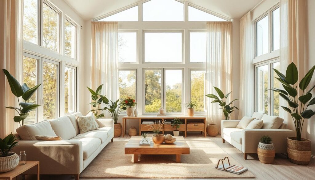 A sun-drenched living room with large windows that flood the space with warm, natural light. Neutral-toned furniture, including a plush beige sofa and armchair, creates a calming, minimalist aesthetic. Soft-hued textiles, such as a cream-colored area rug and sheer curtains, add texture and depth. The room features a mix of natural materials, including a wooden coffee table and potted plants, echoing the earthy color palette. Subtle pops of greenery throughout the space enhance the serene, nature-inspired ambiance. The overall scene evokes a sense of tranquility and harmony, perfect for showcasing the beauty of a well-designed, light-filled interior.
