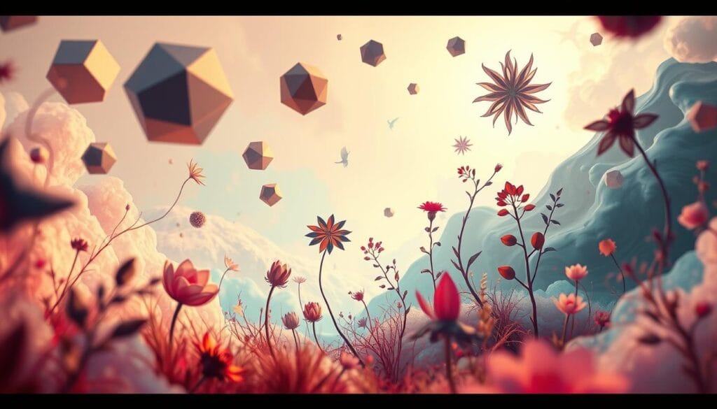 A surreal dreamscape filled with whimsical elements that captivate the senses. In the foreground, floating geometric shapes in vibrant hues drift effortlessly, casting ethereal shadows. In the middle ground, abstract flora and fauna intertwine, their forms merging into a mesmerizing dance. The background subtly blends soft pastels and wispy textures, creating a sense of depth and tranquility. Warm, diffused lighting emanates from an unseen source, casting a warm glow that infuses the scene with a sense of wonder and enchantment. Captured with a wide-angle lens to encompass the full scope of this fantastical vision, inviting the viewer to immerse themselves in this surreal home decor oasis.
