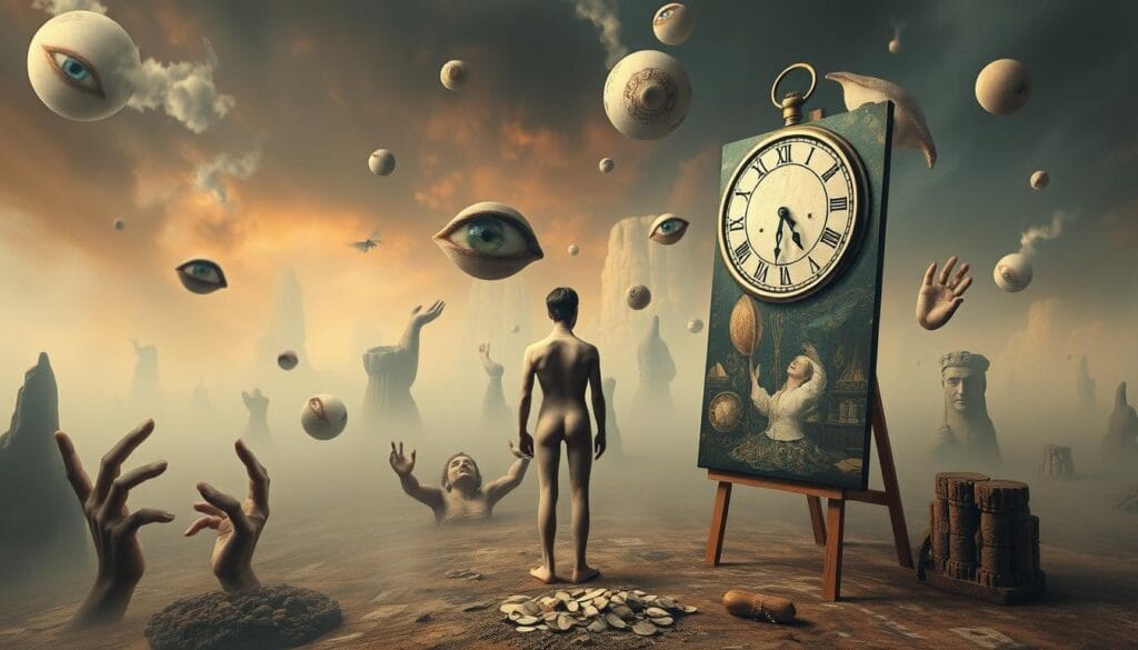 A surreal landscape of the origins of surrealism. In the foreground, a dreamlike figure with a melting clock face gazes upon a canvas, their body distorted and fragmented. Floating amidst the scene, disembodied eyes, hands, and other symbolic elements referencing the surrealist movement. The background is a hazy, ethereal realm of shifting forms and vibrant colors, evoking the subconscious and the realm of the imagination. Soft, diffuse lighting casts a tranquil, introspective mood. Captured with a wide-angle lens to convey a sense of immersion and wonder.