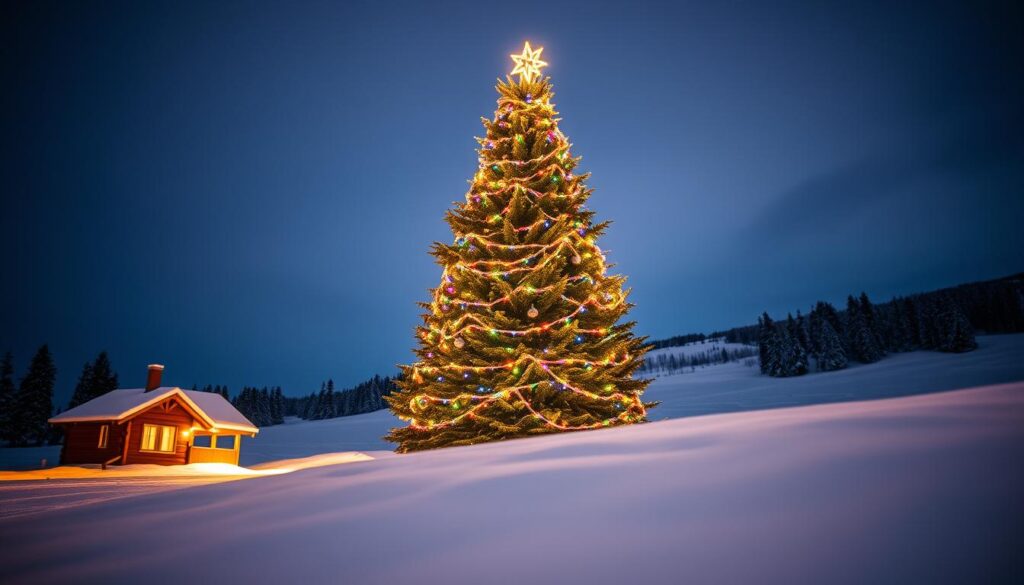 A towering outdoor Christmas tree stands majestically in a snow-dusted winter landscape. Cascading strings of twinkling multicolored lights adorn the lush green boughs, casting a warm, enchanting glow against the fading twilight sky. Adorned with shimmering ornaments and a radiant star topper, the tree is the centerpiece of a cozy, festive scene. In the foreground, a layer of fresh snow covers the ground, reflecting the tree's luminous display. Warm yellow light spills out from a nearby cabin, adding to the cozy, inviting atmosphere. Distant evergreen trees and a dusting of snow on the horizon complete the serene, idyllic winter wonderland.