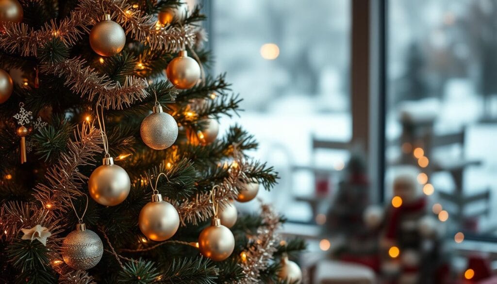 A traditional Christmas tree adorned with a balanced arrangement of sparkling ornaments, twinkling lights, and delicate strands of tinsel. The ornaments are strategically placed, creating a harmonious visual display that draws the eye naturally across the tree. Soft, warm lighting illuminates the scene, casting a cozy, festive glow. The background is a blurred, out-of-focus winter landscape, allowing the tree to be the central focus. The overall composition evokes a sense of holiday cheer and a well-curated, elegant aesthetic.