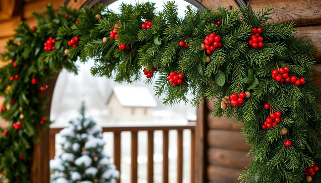 A traditional Christmas wreath garland draped across a rustic wooden archway, adorned with lush evergreen foliage, pinecones, and vibrant red berries. The lighting is soft and warm, casting a cozy glow over the scene. The garland is carefully arranged with a natural, flowing design, creating a sense of elegance and timelessness. In the background, a snowy winter landscape can be seen through the archway, adding to the festive, picturesque atmosphere. The overall composition conveys a classic, timeless holiday aesthetic that perfectly suits the "Traditional Touches: Classic Christmas Elements" section of the article.