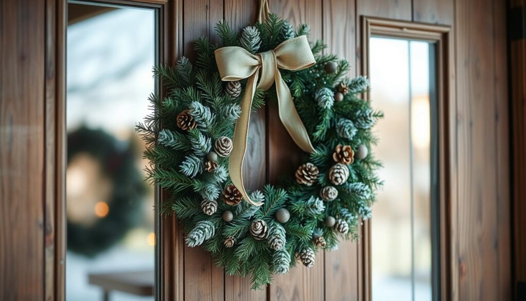 A traditional Christmas wreath hangs on a rustic wooden door, transformed into a serene winter decoration. The evergreen boughs are adorned with delicate frost-covered pine cones, dried berries, and a subtle ribbon of muted tones. Soft, diffused lighting from nearby windows casts a warm, cozy glow, creating an inviting and peaceful ambiance. The wreath's natural elements contrast beautifully against the weathered wood, evoking a sense of tranquility and the charm of the winter season. The camera captures the wreath in a medium close-up, highlighting the intricate details and the seamless transition from holiday to wintertime decor.