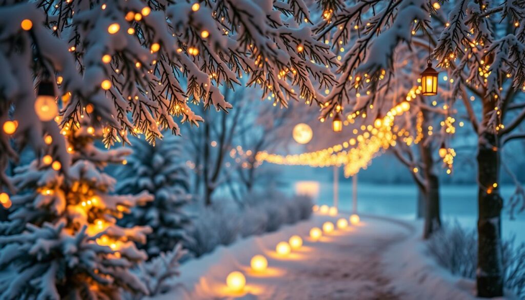A tranquil winter wonderland, bathed in a warm, magical glow. In the foreground, twinkling fairy lights cascade over a canopy of snow-capped evergreen trees, casting a soft, ambient radiance. The middle ground features a winding path, illuminated by a series of delicate, orb-like lanterns that line the way, guiding the viewer deeper into the scene. In the background, a serene, moonlit lake reflects the dancing lights, creating a mesmerizing, otherworldly atmosphere. The overall mood is one of enchantment, serenity, and a sense of being transported to a dreamlike, winter paradise.