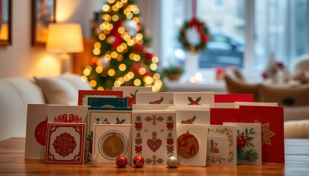 A unique holiday card arrangement displayed against a warm, festive backdrop. In the foreground, an eclectic collection of handcrafted cards are arranged in a visually striking pattern, their intricate designs and vibrant colors creating a captivating focal point. The middle ground features a cozy, inviting setting, with soft lighting, subtle holiday decor, and a sense of homely comfort. In the background, a blurred, out-of-focus scene suggests a warm, intimate atmosphere, further enhancing the overall mood. The composition balances the delicate beauty of the cards with the inviting ambiance of the surrounding environment, showcasing a harmonious and visually compelling holiday display.