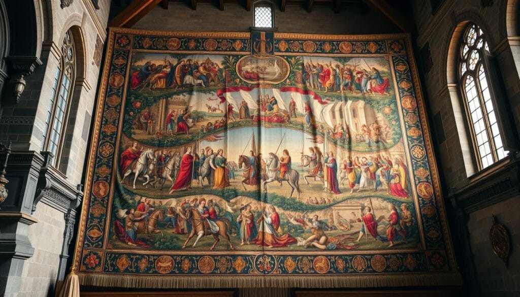 A vast medieval tapestry adorns the grand hall, its intricate woven scenes depicting heroic battles and noble figures. The foreground showcases the vibrant colors and intricate details of the tapestry's central motif, with ornate floral patterns and ornamental borders framing the composition. In the middle ground, the tapestry's folds and textures create a sense of depth and movement, while the background reveals the majestic architecture of the castle, its stone walls and high ceilings adding to the grand, timeless atmosphere. The lighting is soft and diffused, casting a warm, golden glow over the scene, enhancing the tapestry's rich, antique appearance and the overall medieval ambiance.