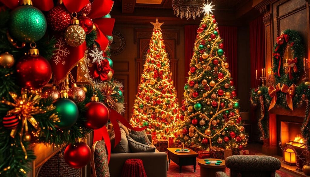 A vibrant and festive Christmas scene, bathed in warm holiday lights. In the foreground, an array of bold, clashing colors - crimson, emerald, and gold - adorn lush, oversized ornaments and garlands that cascade across a richly decorated mantelpiece. In the middle ground, a towering, majestic Christmas tree stands tall, its branches heavy with shimmering tinsel, sparkling ornaments, and a radiant, glowing topper. The background is a cozy, intimate living space, with rich, jewel-toned fabrics, plush textures, and a crackling fireplace casting a soft, amber glow. The overall atmosphere is one of unapologetic maximalism, embracing the playful and indulgent spirit of the holiday season.