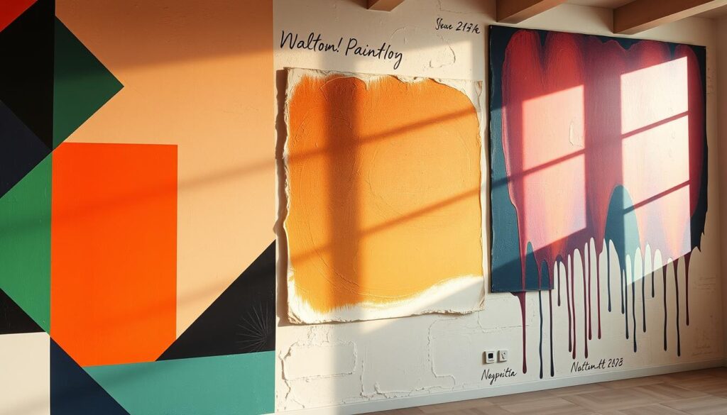 A vibrant and textured wall display showcasing a variety of contemporary paint techniques for home decor. In the foreground, an eye-catching geometric pattern with bold, contrasting colors. In the middle ground, a sponged ombré effect in warm earth tones. In the background, a layered, dripping paint technique in rich jewel tones. Natural lighting from a large window casts a soft, even glow, highlighting the varied brushstrokes and finishes. The overall mood is one of creative inspiration, inviting the viewer to explore the endless possibilities of paint as a medium for personalized home design.