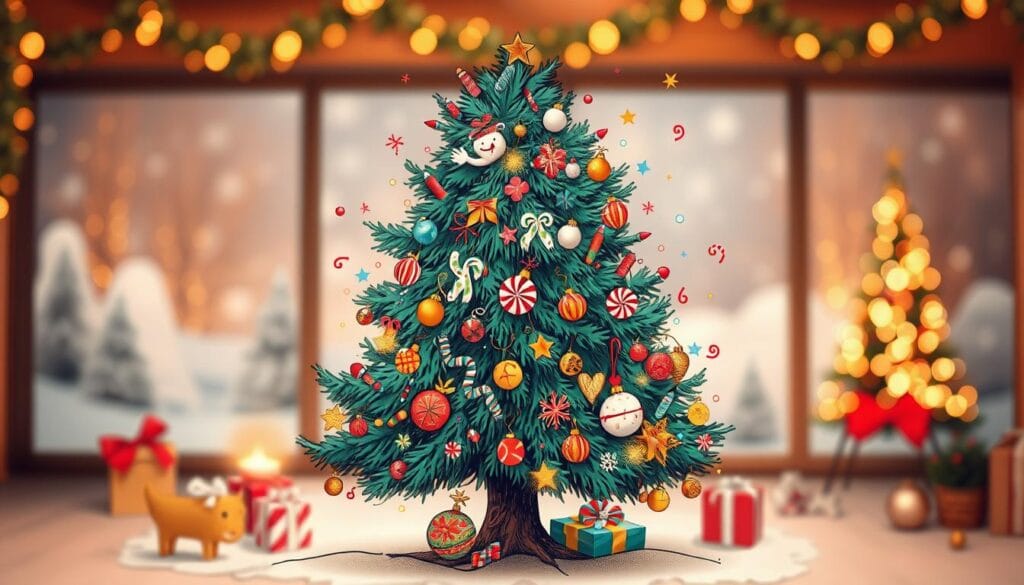 A vibrant and whimsical holiday tree doodle, rendered in a playful, hand-drawn style. The foreground features a lush, bushy tree adorned with a diverse array of festive decorations - playful shapes, swirling patterns, and bursts of color in a mix of traditional and modern motifs. The middle ground showcases a soft, diffused background, with subtle hints of winter landscapes or cozy interiors. The lighting is warm and inviting, casting a gentle glow that adds to the cozy, nostalgic atmosphere. The overall composition captures a sense of joyful creativity, blending the timeless appeal of holiday tree decorating with a fresh, imaginative approach.