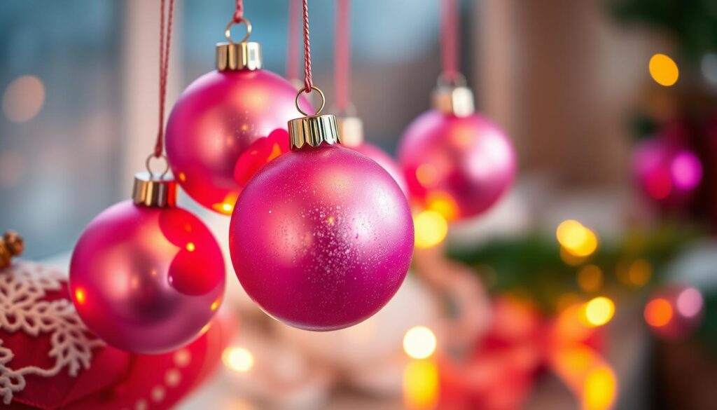 A vibrant arrangement of plump, shimmering pink Christmas ornaments gently suspended against a softly blurred, cozy winter scene. The ornaments glisten with a pearlescent sheen, casting warm reflections on the surrounding surfaces. The overall lighting is mellow and diffused, evoking a sense of intimate holiday cheer. The composition focuses on the ornaments as the main subject, with a delicate balance of negative space allowing them to pop. Subtle hints of greenery or festive textiles in the background provide a harmonious, understated context. The mood is inviting, serene, and perfectly suited to a cozy holiday home.