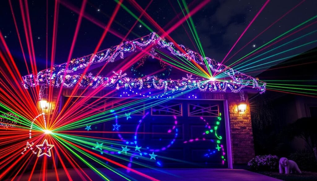 A vibrant, awe-inspiring Christmas laser light display adorns the front of a suburban garage door. In the foreground, multicolored laser beams dance across the surface, creating a mesmerizing pattern of shapes and lines. The middle ground features a set of high-intensity spotlights that cast a warm, festive glow, illuminating the intricate details of the garage door's architecture. In the background, a starry night sky serves as a canvas, with the laser lights reflecting off the clouds and creating a dazzling, otherworldly atmosphere. The entire scene is imbued with a sense of wonder and holiday cheer, inviting passersby to stop and marvel at the captivating display.