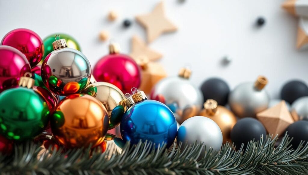 A vibrant display of holiday ornaments blends together in a harmonious, modern composition. In the foreground, a cluster of glass baubles in jewel-toned hues of ruby, emerald, and sapphire catch the soft, diffused light, creating an ethereal, sparkling effect. The midground features an assortment of metallic ornaments in muted gold and silver tones, their sleek, minimalist designs complementing the more traditional shapes. In the background, a subtle scattering of wooden, geometric shapes and matte, monochrome spheres add depth and visual interest, echoing the fusion of classic and contemporary styles. The overall mood is one of refined elegance, inviting the viewer to reimagine their holiday décor with a fresh, stylish approach.