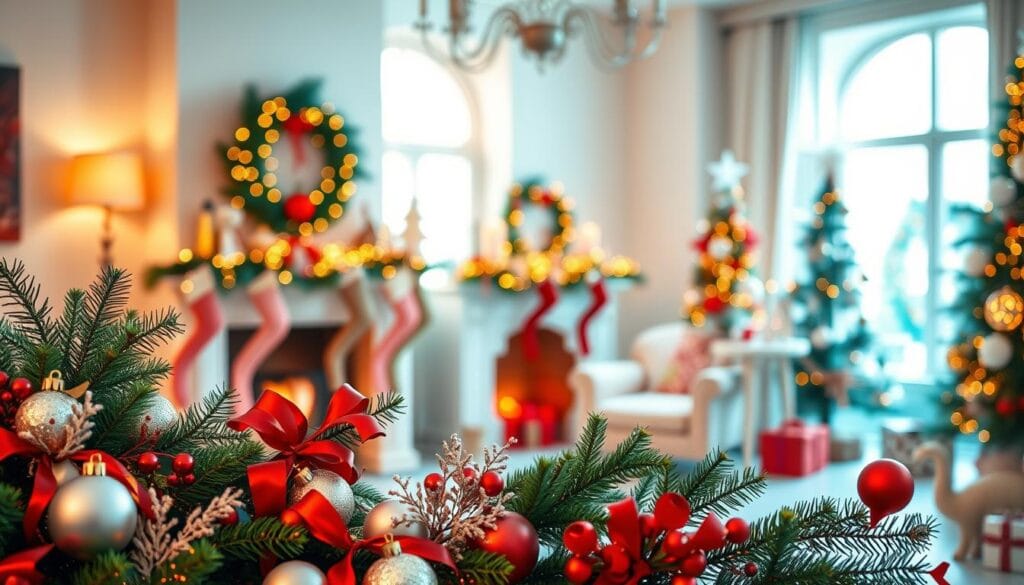 A vibrant, festive scene showcasing a selection of elegant Christmas color palettes and design themes. In the foreground, an artful arrangement of ornaments, ribbons, and holiday foliage in a harmonious color scheme, perhaps jewel-toned or pastel hues. The middle ground features meticulously curated vignettes, such as a cozy fireplace mantel or a well-appointed Christmas tree, each embodying a distinct thematic style - rustic, modern, traditional, or minimalist. The background depicts a warm, softly lit interior, hinting at a cozy, inviting atmosphere perfect for the holiday season. Warm, natural lighting casts a magical glow, complementing the carefully selected colors and textures. The overall composition conveys a sense of holiday splendor and design inspiration.