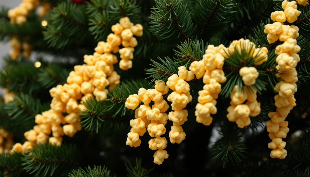 A vibrant popcorn garland adorns a classic pine tree, its warm kernels glistening under soft, ambient lighting. The garland cascades gracefully, draped with a natural, organic flow, creating a timeless, holiday-inspired scene. The tree's verdant foliage provides a lush, textured backdrop, accentuating the garland's playful charm. Captured with a wide-angle lens, the composition showcases the garland's delightful presence, inviting viewers to experience the cozy, nostalgic atmosphere of a traditional Christmas decor.