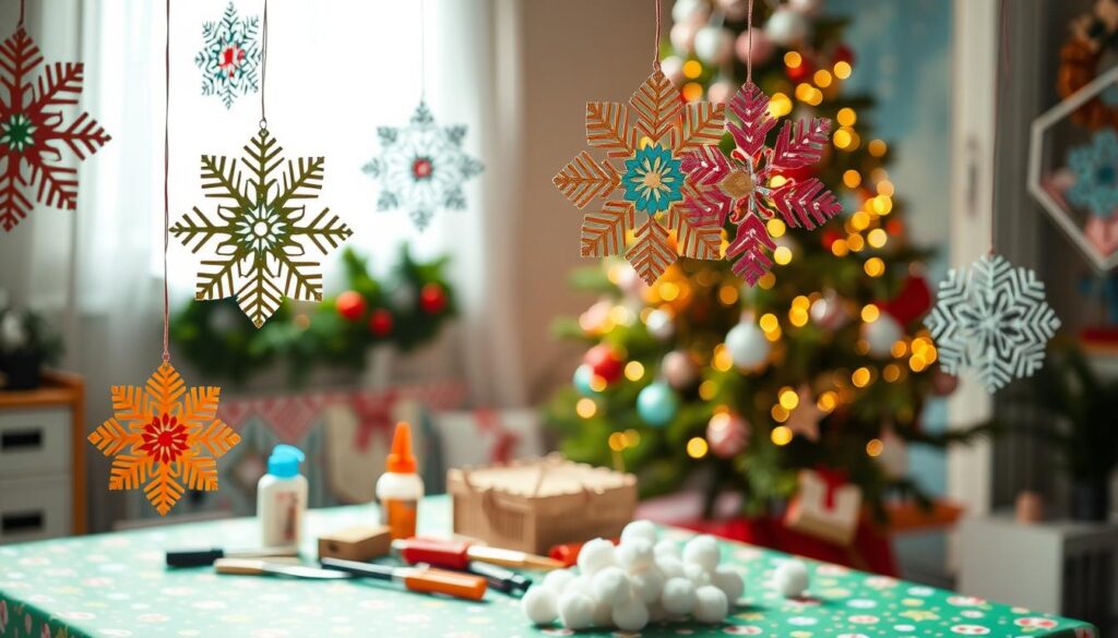 A vibrant, well-lit studio scene showcasing an array of kid-friendly DIY crafts. In the foreground, a collection of colorful paper snowflakes, each with intricate patterns, suspended mid-air. In the middle ground, a table covered in a festive tablecloth, hosting an assortment of craft supplies - glue, scissors, markers, and a pile of fluffy white pom-poms. In the background, a Christmas tree adorned with homemade ornaments, casting a warm, cozy glow. The scene exudes a sense of creativity, wonder, and the joy of hands-on holiday crafting. The overall atmosphere is playful, inviting, and perfect for a Christmas-themed DIY project feature.