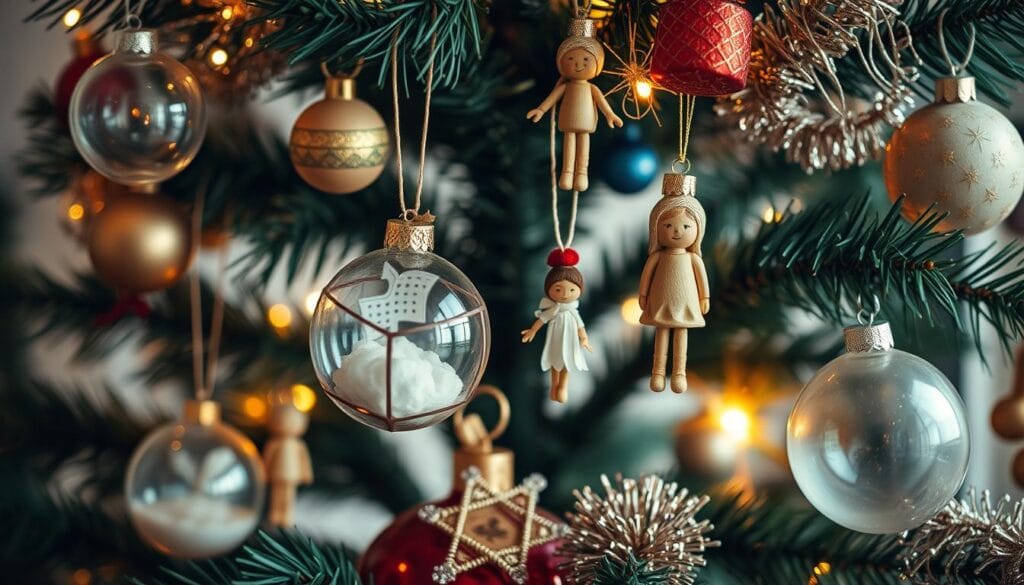 A vintage Christmas tree adorned with a collection of delicate, hand-crafted ornaments. The ornaments are a mix of classic shapes and intricate designs, including glass globes, wooden figurines, and shimmering tinsel. The lighting is soft and warm, creating a cozy, nostalgic atmosphere. The ornaments are arranged in a visually pleasing, slightly asymmetrical pattern, adding depth and interest to the scene. The background is blurred, allowing the ornaments to take center stage and capturing the essence of a timeless Christmas tradition.