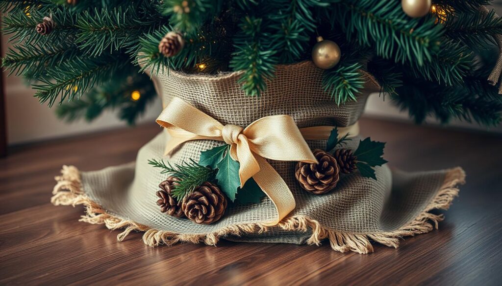 A vintage Christmas tree collar, a timeless accessory to adorn the base of a traditional evergreen. Crafted from weathered burlap, its worn texture and frayed edges evoke a rustic, homespun charm. Adorned with a sprinkling of glistening pinecones, delicate sprigs of holly, and a soft ribbon in a complementary hue, the collar creates a cozy, nostalgic ambiance. Warm, diffused lighting casts a gentle glow, highlighting the natural tones and organic materials. Captured from a low angle, the collar appears to embrace the tree's sturdy trunk, blending seamlessly with the surrounding holiday decor. This handcrafted piece embodies the essence of a personalized, vintage-inspired Christmas celebration.