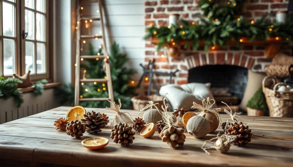 A vintage, rustic tutorial scene showcasing homemade Christmas ornaments. In the foreground, a wooden work surface displays an assortment of handcrafted ornaments - pinecones, dried citrus slices, burlap, and natural fibers. Soft, natural lighting from a window bathes the scene in a warm glow. In the middle ground, a weathered wooden ladder leans against the wall, adorned with strands of twinkling fairy lights. The background features a cozy, farmhouse-style interior with white shiplap walls, a brick fireplace, and a lush, evergreen garland draped across the mantel. An overall sense of nostalgic charm and DIY inspiration permeates the image.