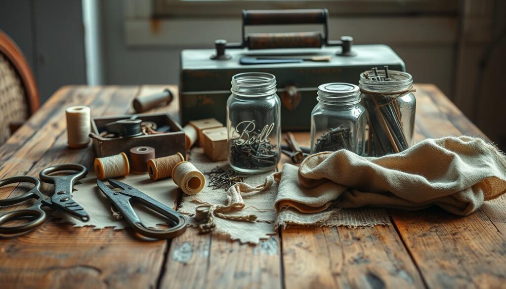A vintage wooden table, its surface weathered and worn, serves as the backdrop for an array of timeless DIY materials. In the foreground, a collection of antique scissors, spools of thread, and a well-worn sewing kit rest atop a patchwork of fabric scraps in muted earth tones. Midground, a mason jar filled with a handful of rusty nails and a worn-out toolbox stands testament to the craftsmanship of bygone eras. The natural lighting, filtered through a window, casts a warm, nostalgic glow upon the scene, evoking a sense of cozy, homespun charm. This captivating still life captures the essence of the simple, heartfelt DIY spirit that defined the vintage Christmas decor era.