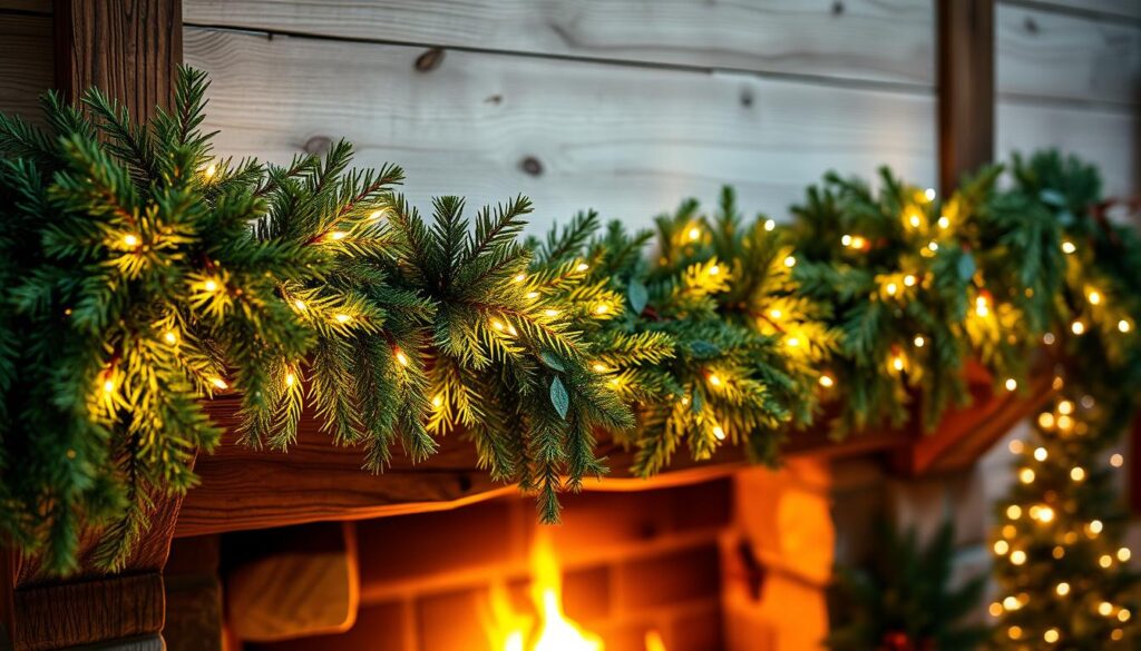 A warm and inviting Christmas scene: a lush, fragrant garland draped gracefully across a rustic mantel, its branches adorned with twinkling fairy lights casting a soft, cozy glow. The mantel's weathered wood contrasts beautifully with the vibrant green of the garland, creating a harmonious focal point. The fireplace, its hearth aglow, adds to the sense of comfort and cheer, while the scene is bathed in the gentle illumination of the carefully placed lighting. A wide-angle lens captures the entire vignette, showcasing the seamless integration of the garland, lighting, and architectural elements to craft a truly inviting and festive ambiance.