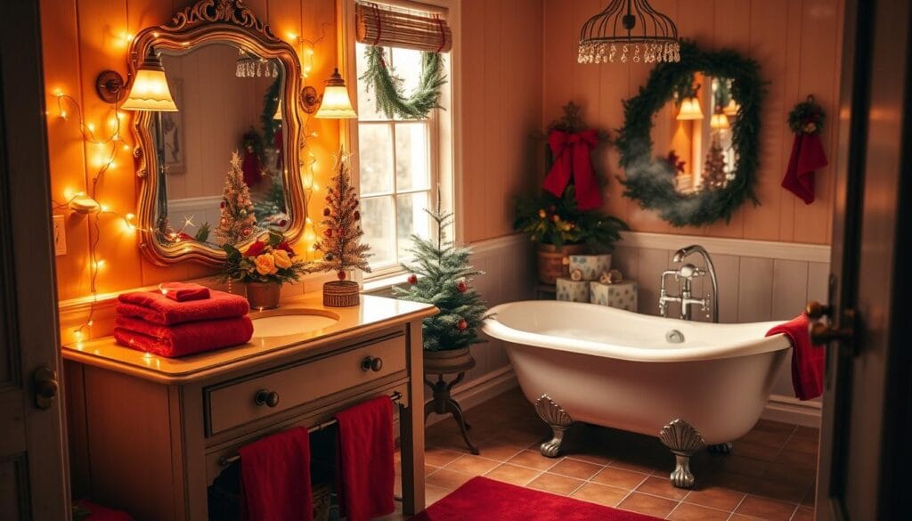A warm, cozy bathroom bathed in soft, golden light. The vanity is adorned with twinkling string lights, casting a festive glow. Plush red and green towels are neatly folded, complementing the earthy-toned tile floor. In the corner, a miniature Christmas tree stands, its branches decorated with sparkling ornaments. Greenery such as holly and mistletoe are strategically placed, infusing the space with a touch of nature. The clawfoot tub is filled with steaming water, inviting relaxation. An elegant, antique-inspired mirror above the vanity reflects the inviting scene, creating an atmosphere of comfort and holiday cheer.