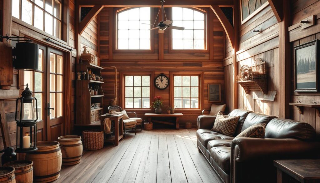 A warm, rustic wooden interior with weathered, distressed planks, evoking the heritage and charm of a farmhouse. Soft, natural lighting filters through large windows, casting a cozy glow across the space. Vintage accents like antique lanterns, woven baskets, and worn leather furnishings add to the authentic, lived-in ambiance. The scene exudes a sense of timeless character and inviting comfort, capturing the essence of farmhouse style.